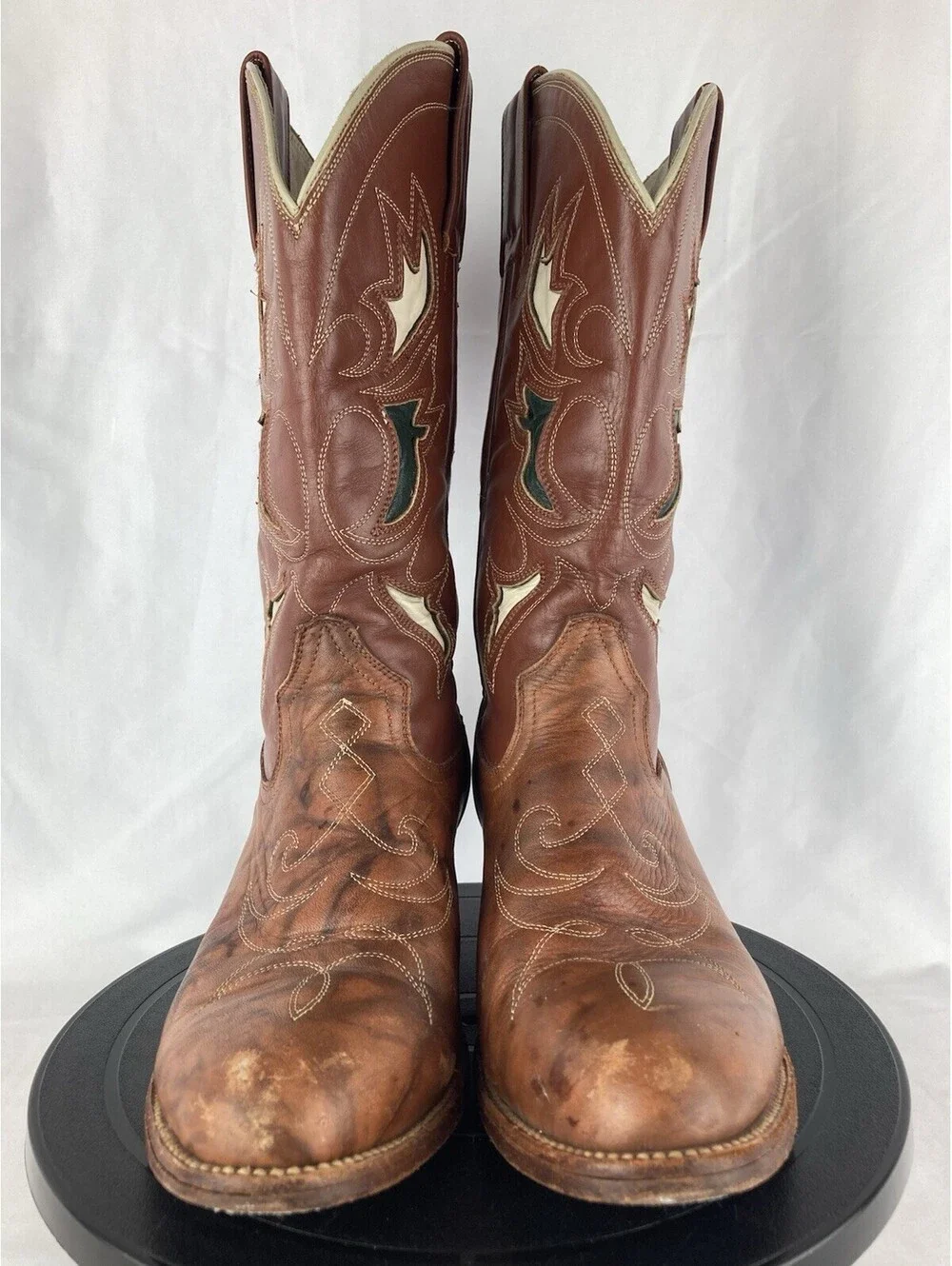 Women’s 8.5 Rancho Loco Vintage Brown Leather Cowboy Boots Inlay Stitched Mexico
